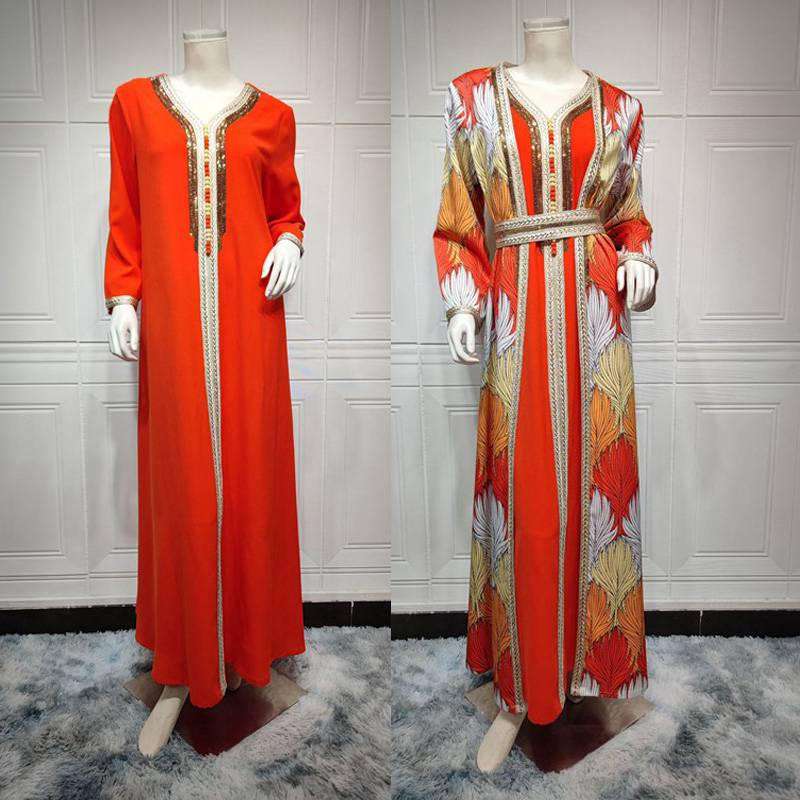 Ensemble 2 pièces Hotfix strass imprimé caftan Jalabiya Kaftan robe avec doublure intérieure robe
