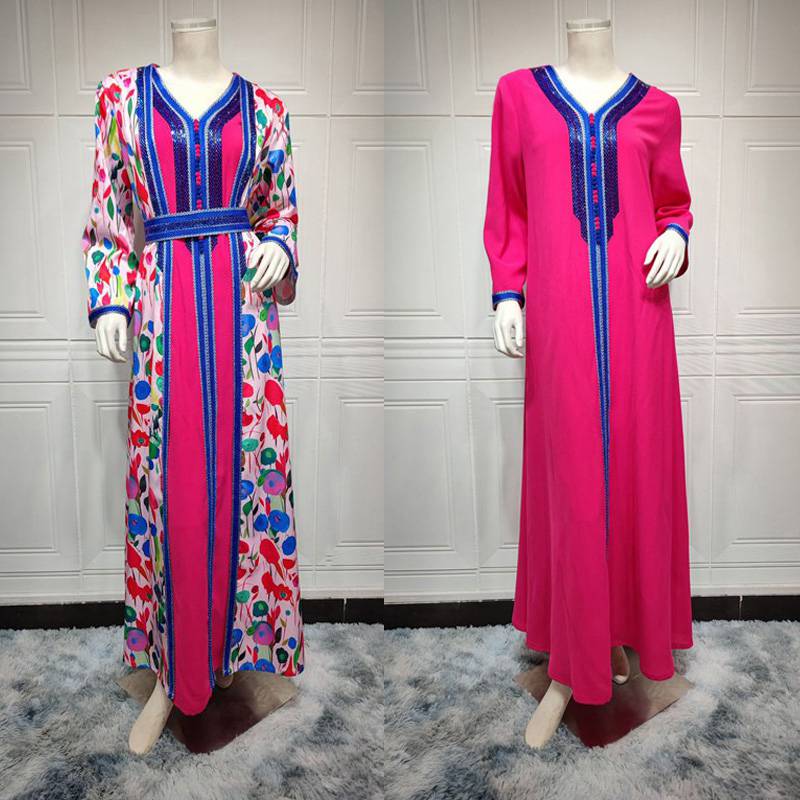 Ensemble 2 pièces Hotfix strass imprimé caftan Jalabiya Kaftan robe avec doublure intérieure robe