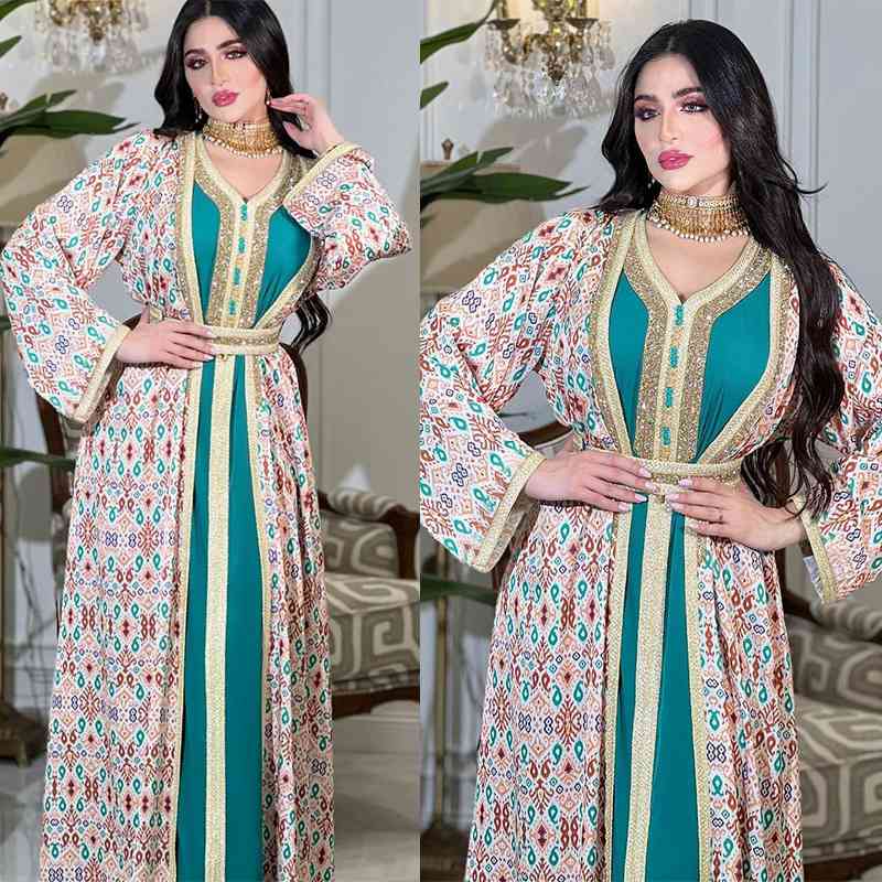 Ensemble 2 pièces Hotfix strass imprimé caftan Jalabiya Kaftan robe avec doublure intérieure robe