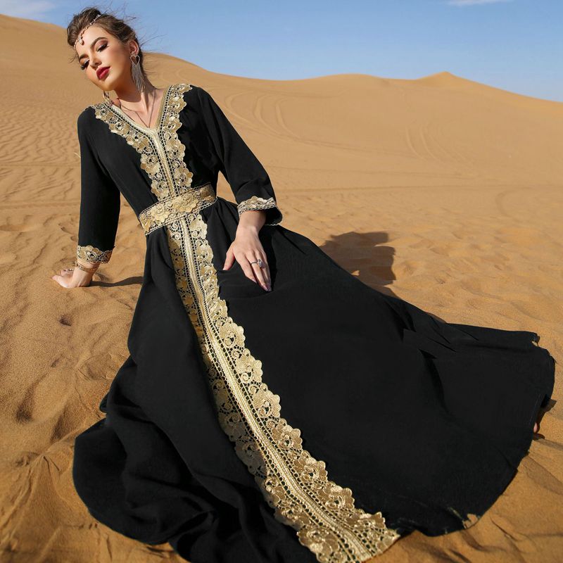 Robe caftan élégante vintage du Moyen-Orient pour femme avec dentelle brodée
