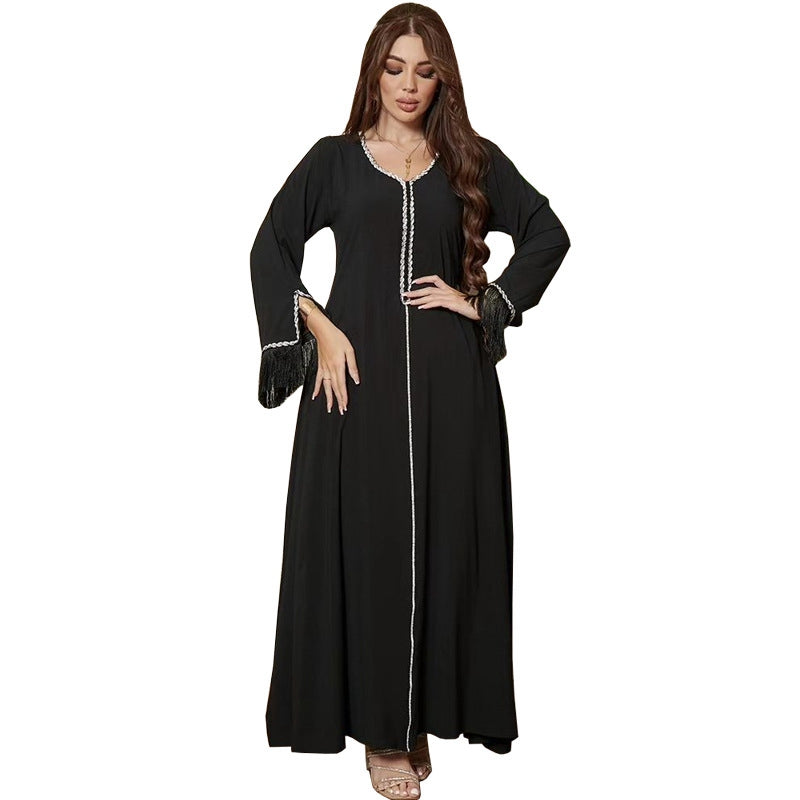 Robe caftan abaya à pompons et strass pour femme