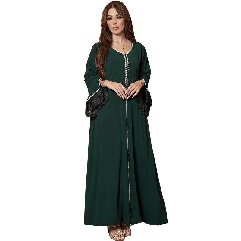Robe caftan abaya à pompons et strass pour femme