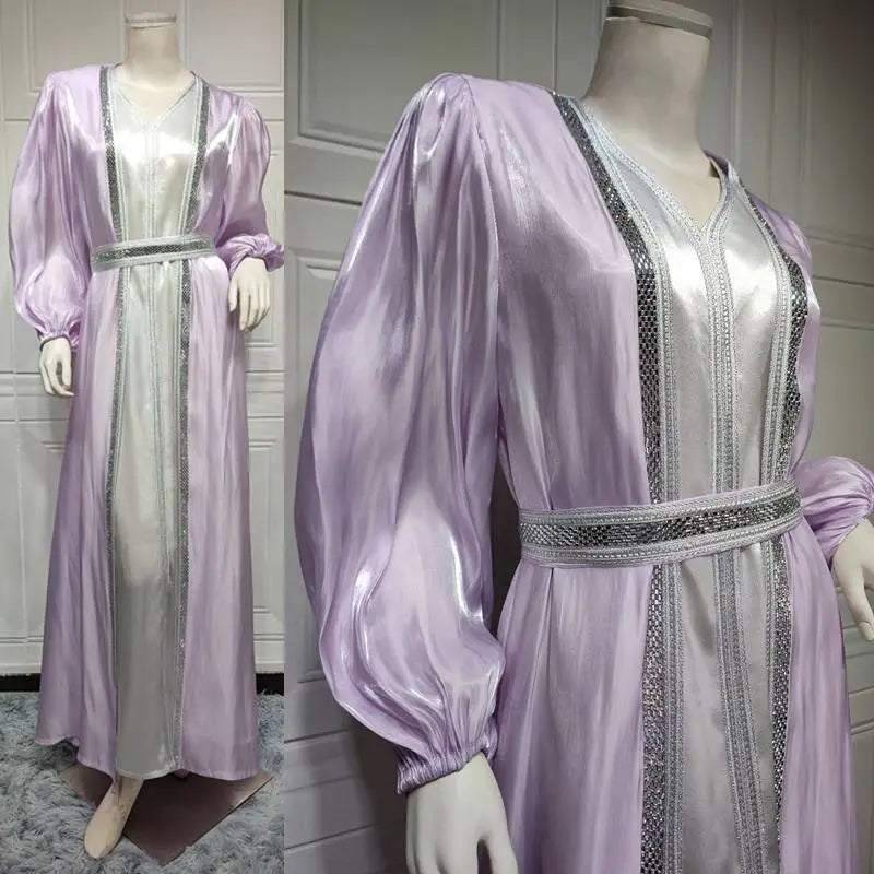 Ensemble 2 pièces pour l'Aïd, robe abaya ouverte en satin strass, avec robe abaya extérieure et robe sans manches intérieure