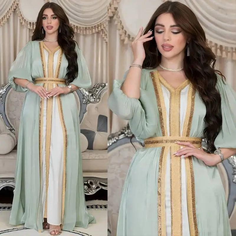 Ensemble 2 pièces pour l'Aïd, robe abaya ouverte en satin strass, avec robe abaya extérieure et robe sans manches intérieure