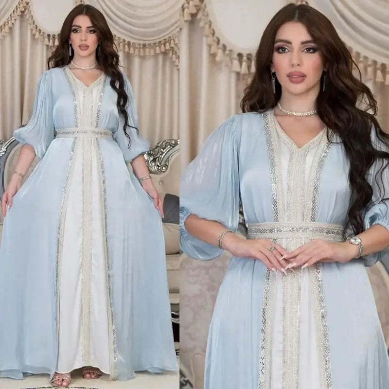 Ensemble 2 pièces pour l'Aïd, robe abaya ouverte en satin strass, avec robe abaya extérieure et robe sans manches intérieure
