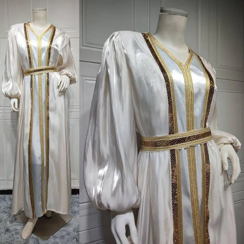 Ensemble 2 pièces pour l'Aïd, robe abaya ouverte en satin strass, avec robe abaya extérieure et robe sans manches intérieure