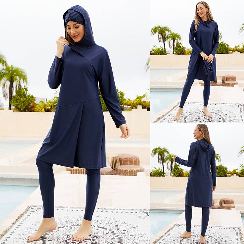 Maillot de bain musulman 3 pièces à capuche, ensemble de bain halal, couverture complète, hijab islamique, burkini