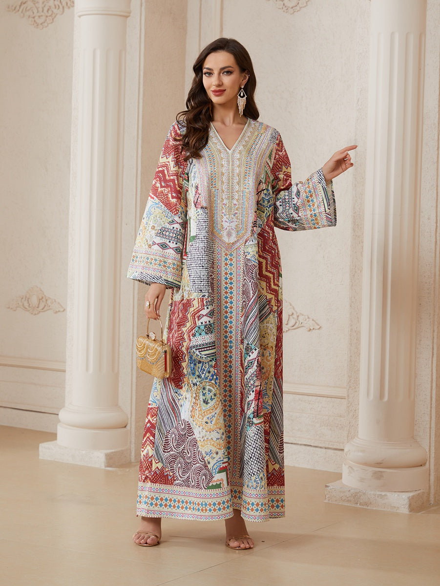 Hotfix Rhinestones Printed Jacquard Caftan Kaftan Dress For Women - Mukhawar Jalabiya Eid Dress - #26N01