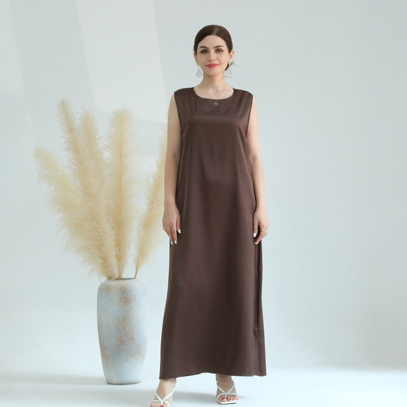 Robe de chambre intérieure sans manches en satin pour femmes musulmanes