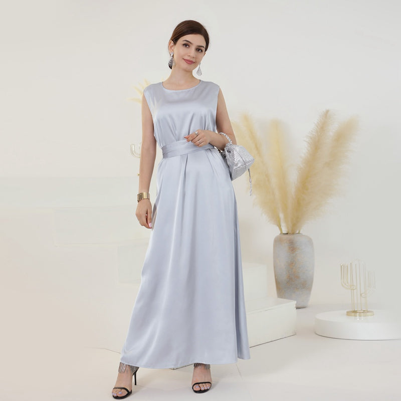 Robe de chambre intérieure sans manches en satin pour femmes musulmanes