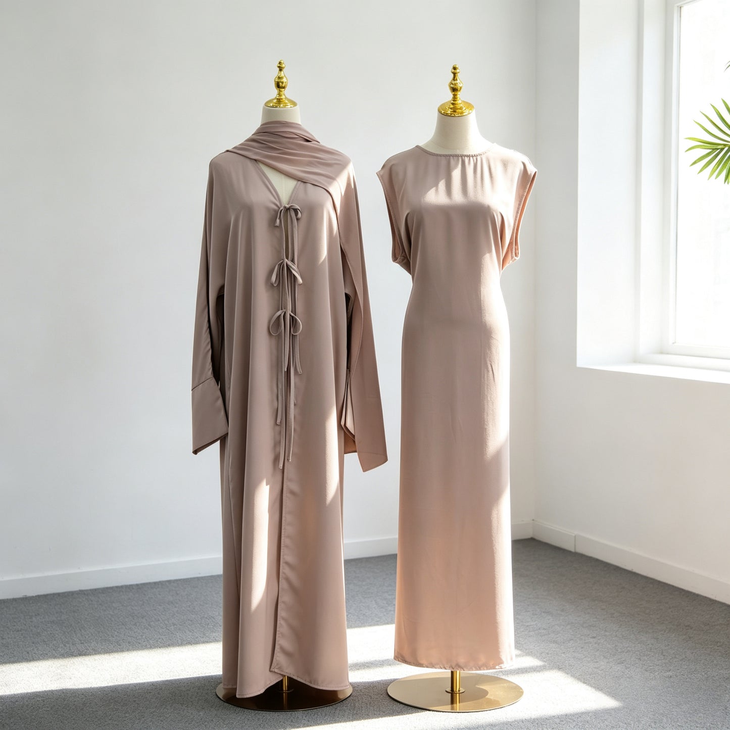 3 Pieces Set Nida Open Abaya Dress With Inner Sleeveless Dress And Matching Hijab #261201