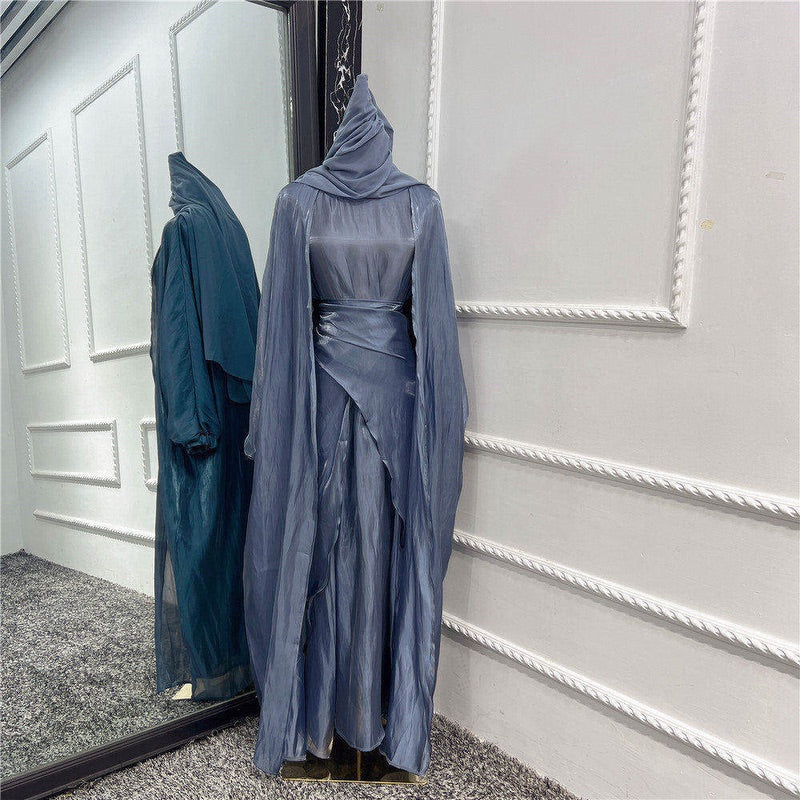 Ensemble 3 pièces gris foncé XL pour femmes musulmanes, robe abaya, couleur unie