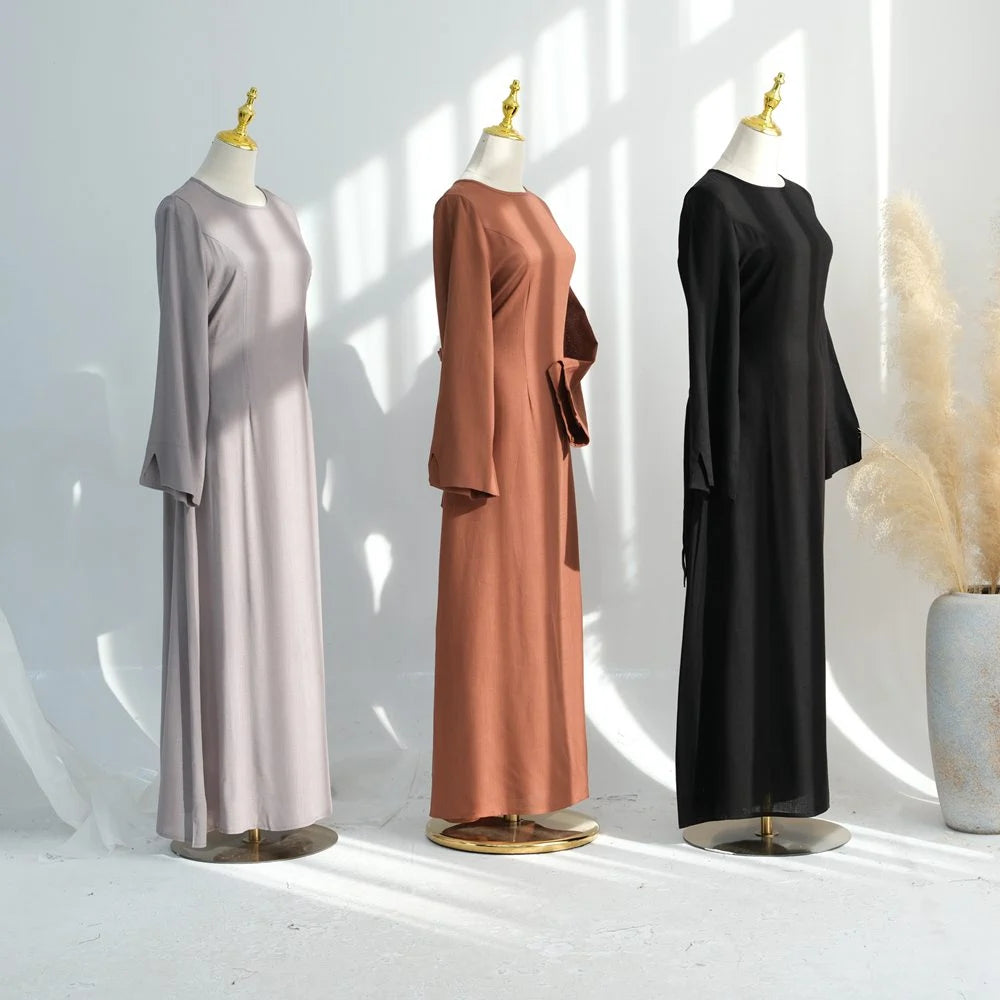 Adjustable Back Strap Linen Cotton Blended Abaya Dress #25948