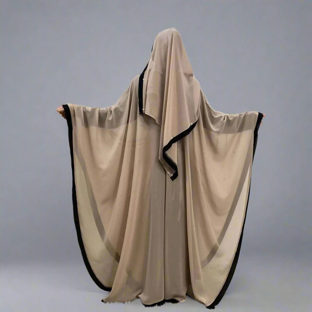 Robe Abaya Farasha en mousseline de soie avec foulard hijab et perles, manches chauve-souris