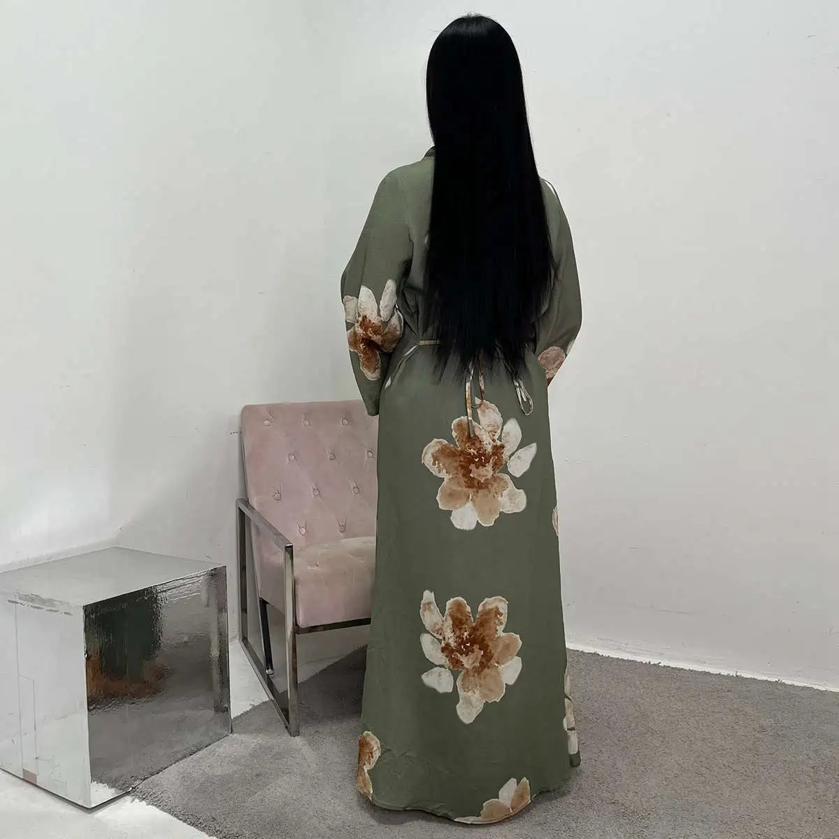 Robe Abaya en satin imprimé avec ceinture #251063