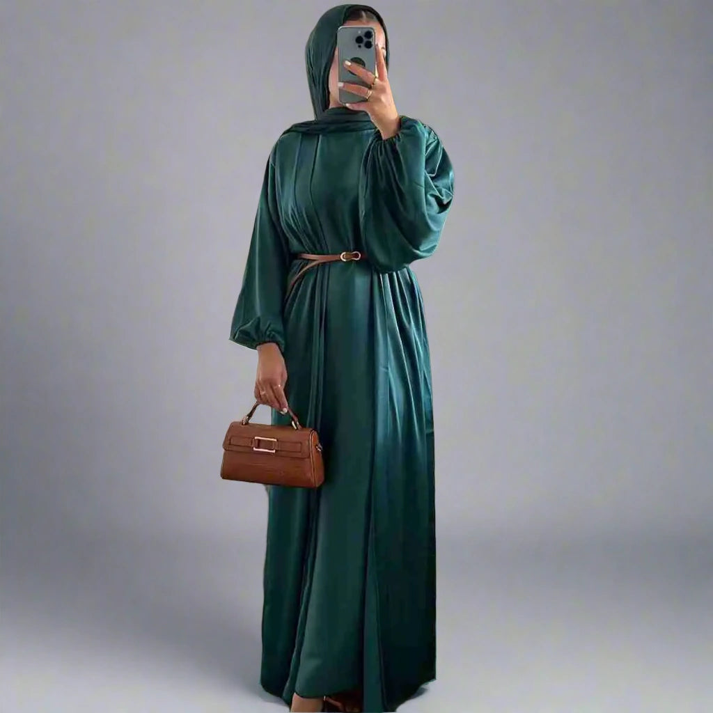 Ensemble 2 pièces en satin pour femmes musulmanes, robe abaya ouverte avec robe intérieure sans manches
