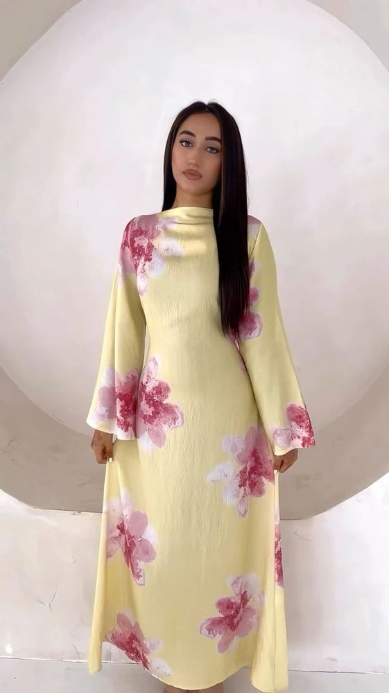 Robe Abaya en satin imprimé avec ceinture #251063