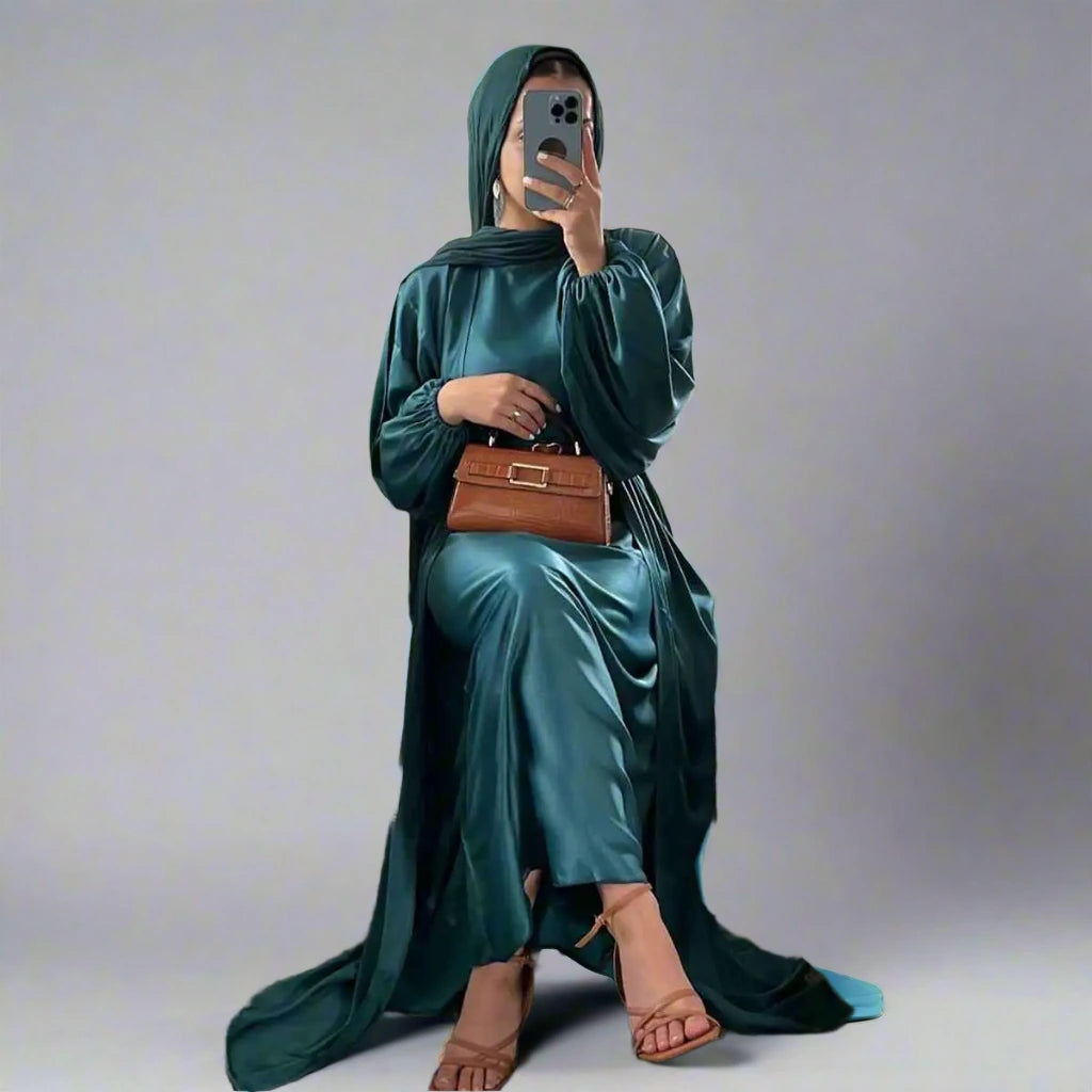 Ensemble 2 pièces en satin pour femmes musulmanes, robe abaya ouverte avec robe intérieure sans manches