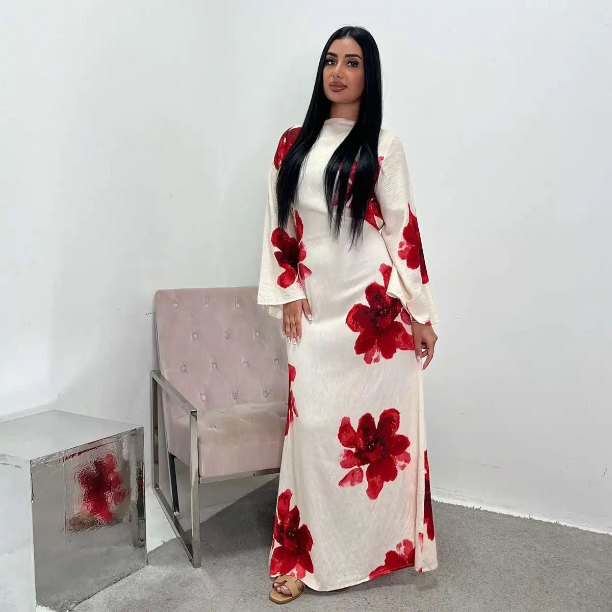Robe Abaya en satin imprimé avec ceinture #251063