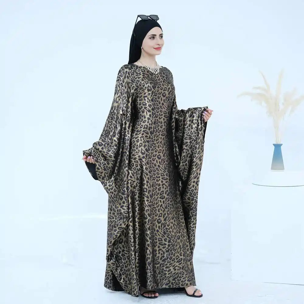 Robe Farasha Abaya à manches chauve-souris et imprimé léopard bronzé #25964