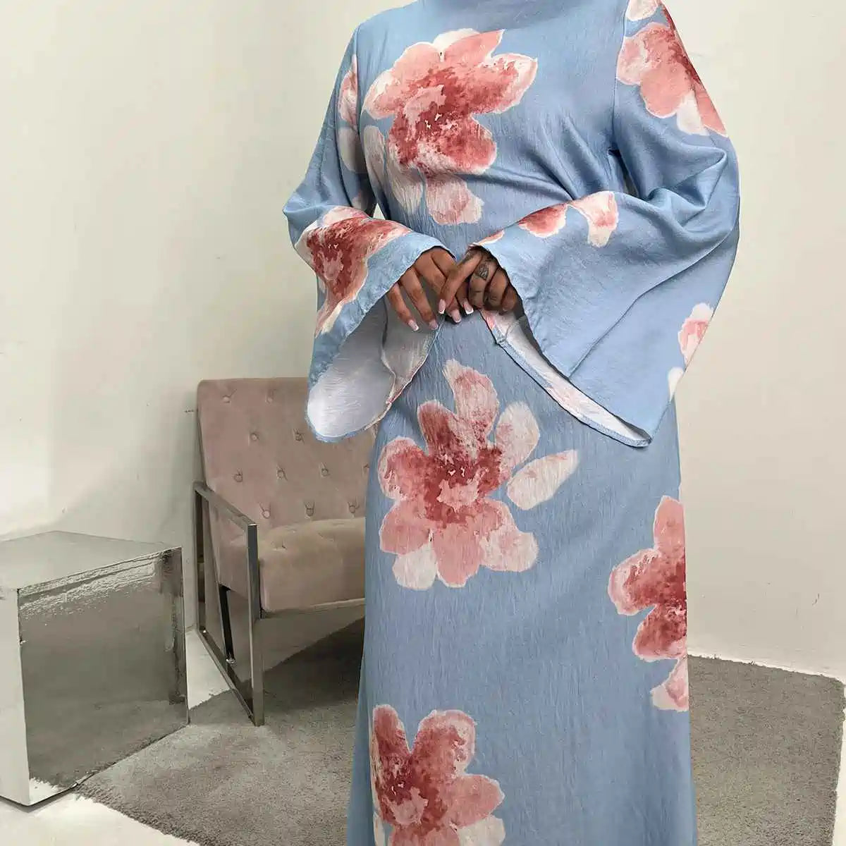 Robe Abaya en satin imprimé avec ceinture #251063