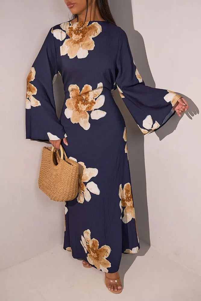Robe Abaya en satin imprimé avec ceinture #251063