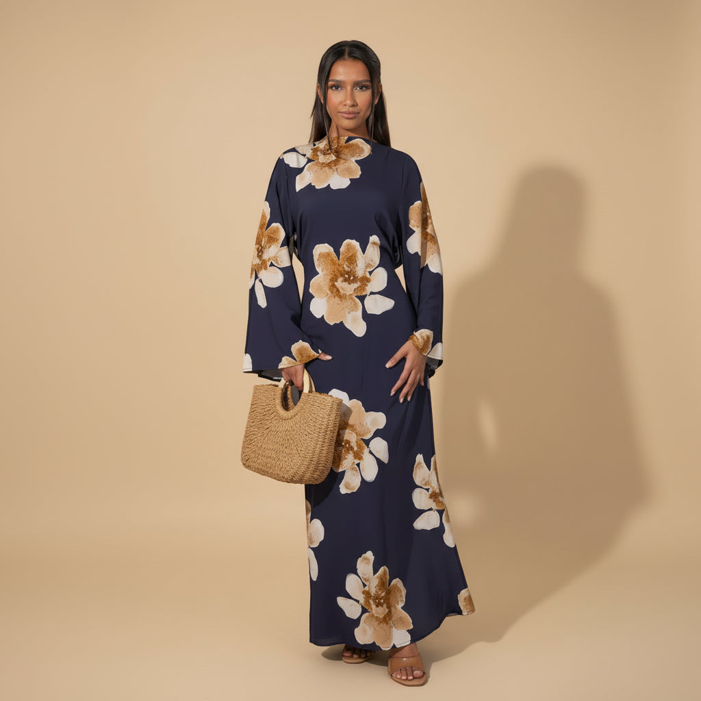 Robe Abaya en satin imprimé avec ceinture #251063