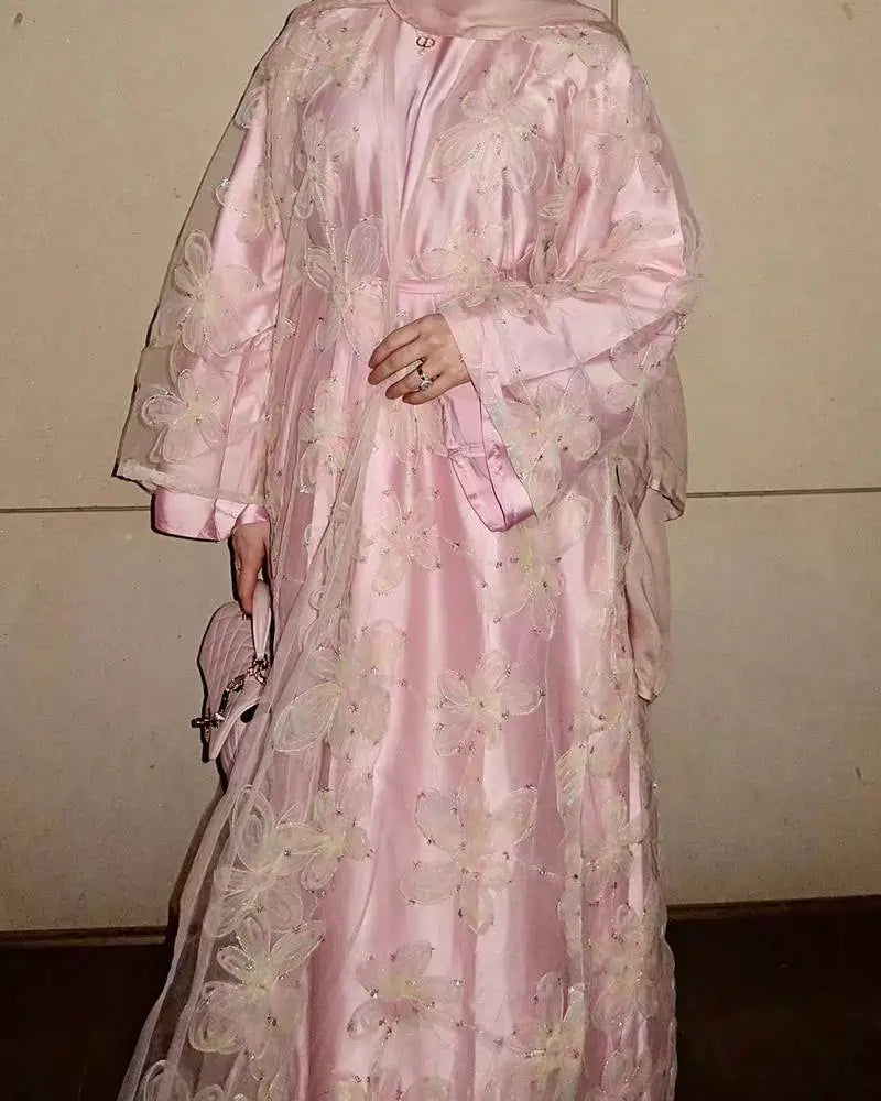 Ensemble 2 pièces, robe abaya ouverte brodée de fleurs avec crochet et robe intérieure #251071