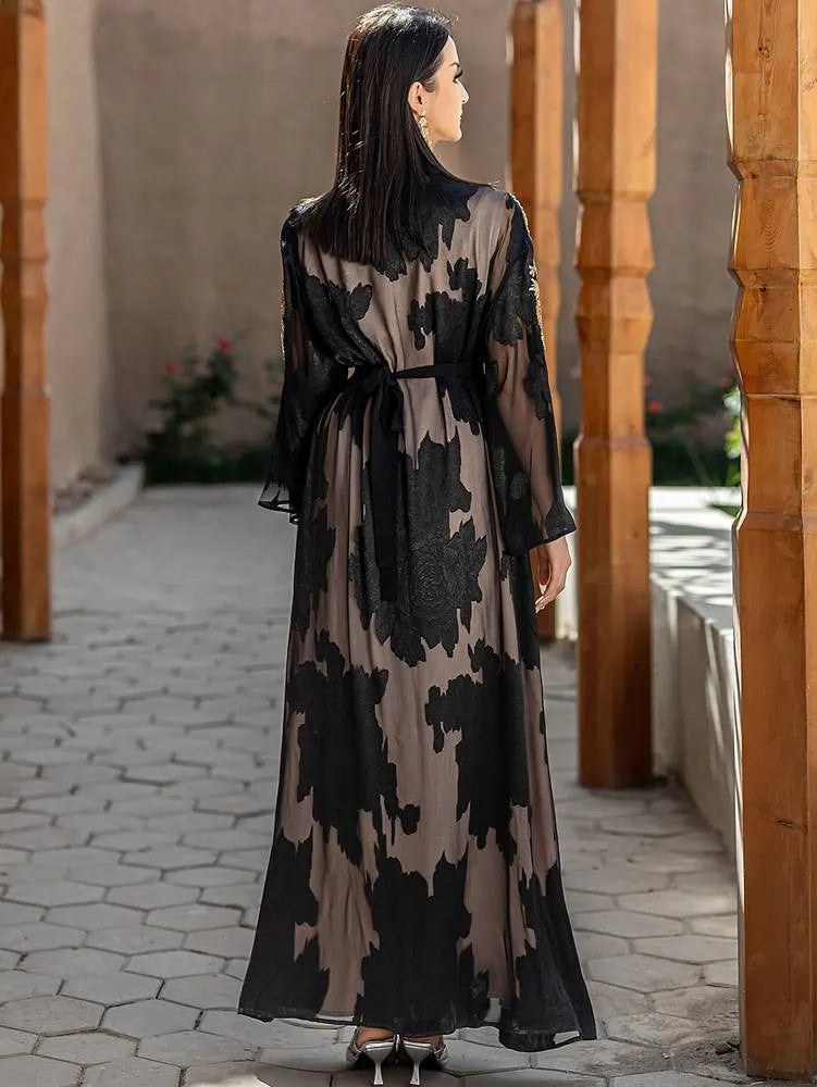 Ensemble 2 pièces en dentelle brodée, robe abaya ouverte avec robe intérieure sans manches #255228