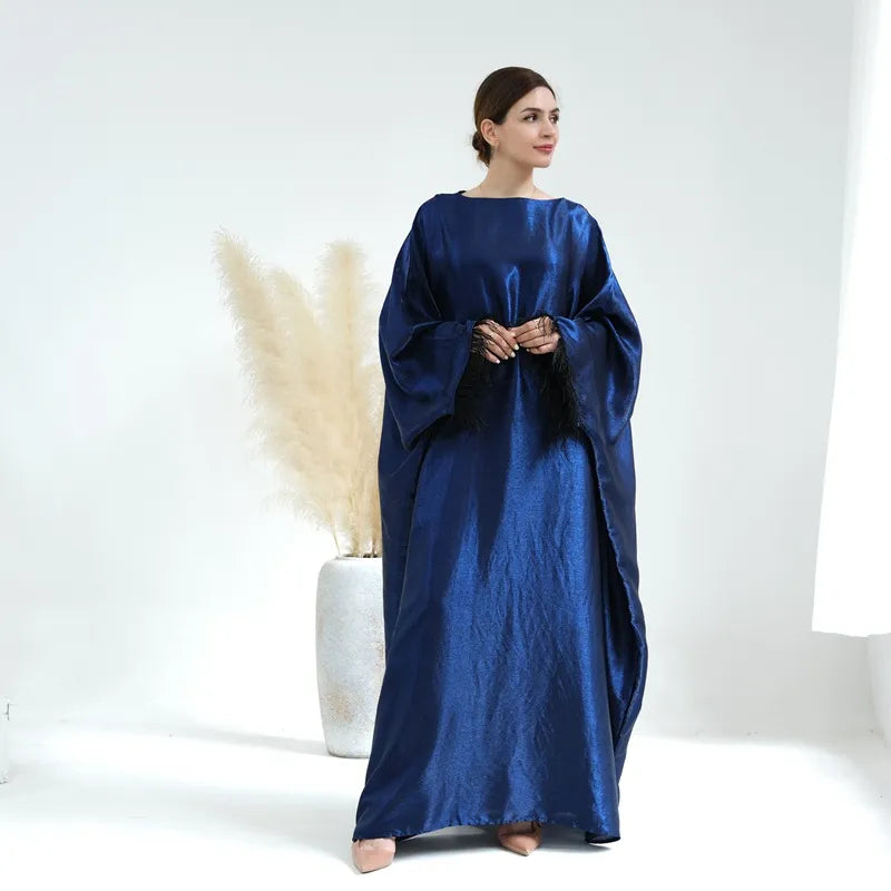 Robe Abaya en nylon et coton à manches plumes pour femmes musulmanes