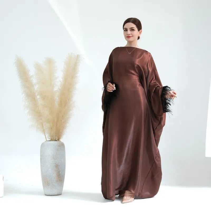 Robe Abaya en nylon et coton à manches plumes pour femmes musulmanes