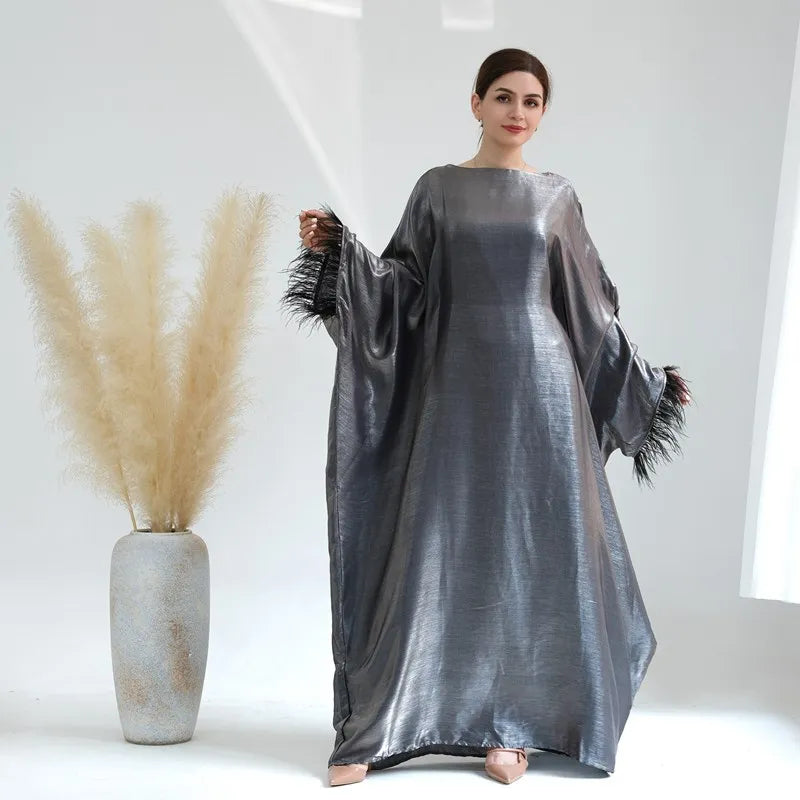 Robe Abaya en nylon et coton à manches plumes pour femmes musulmanes
