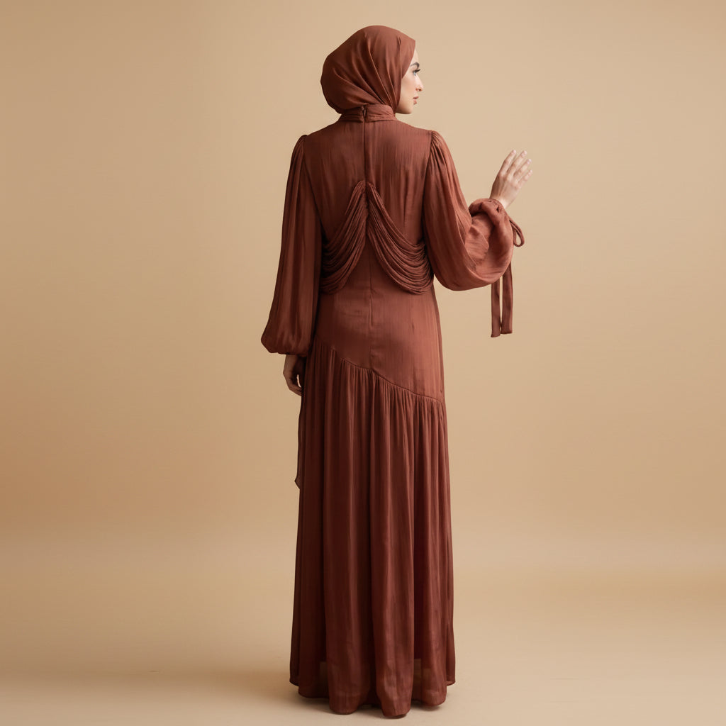 Luxury Puff Sleeve Collar Pleated Abaya Dress #261238