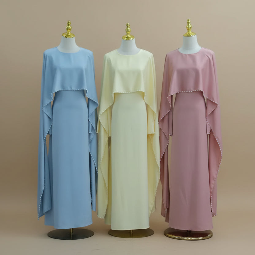 Embellished Beads Cape Abaya Dress For Women - Satin - #261134