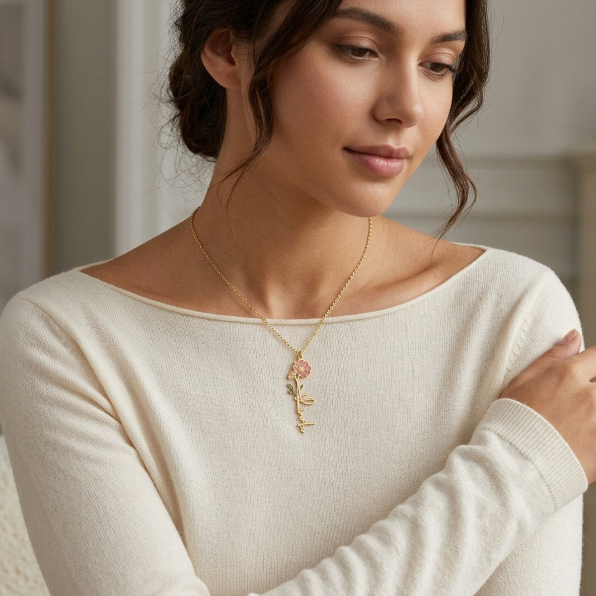 Personalized Name Necklace with Birth Flower - Arabic & English #4