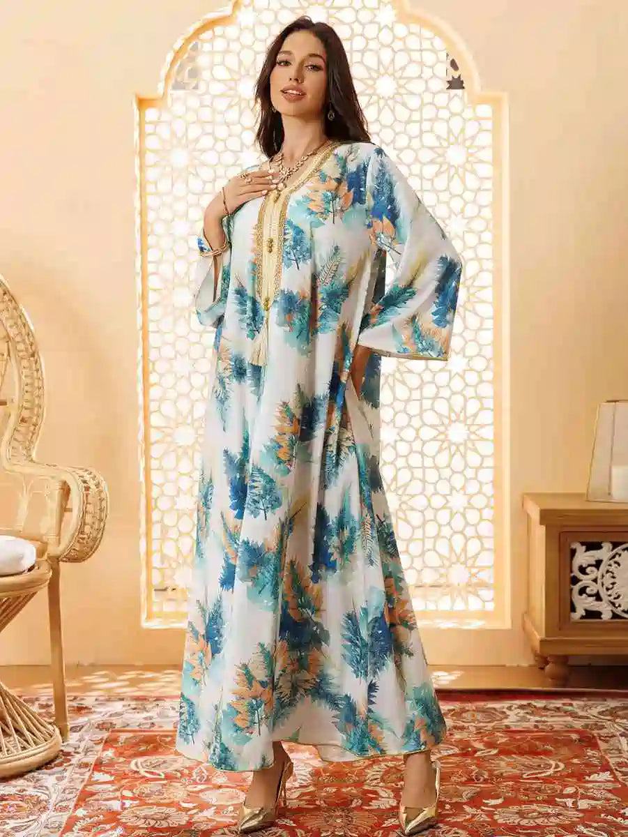 Hotfix Rhinestone Printed Eid Caftan Kaftan Dress #24434