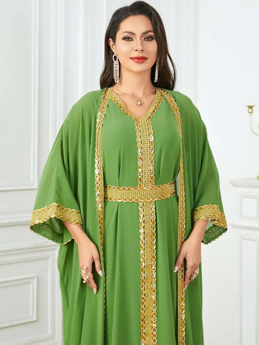 Robe en mousseline de soie 2 pièces pour l'Aïd, caftan, robe caftan avec robe intérieure sans manches