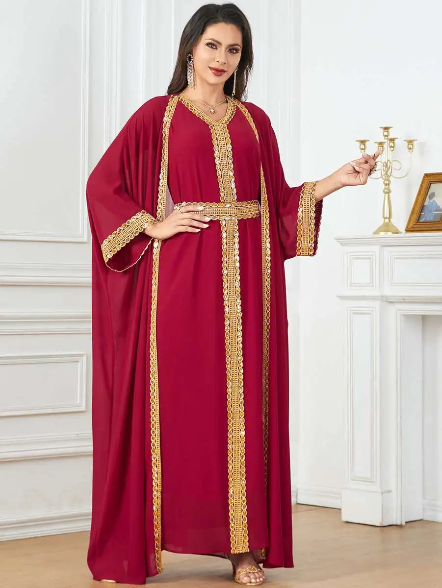 Robe en mousseline de soie 2 pièces pour l'Aïd, caftan, robe caftan avec robe intérieure sans manches