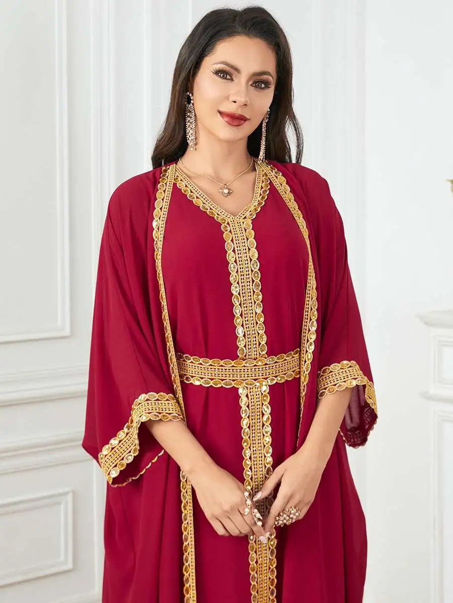 Robe en mousseline de soie 2 pièces pour l'Aïd, caftan, robe caftan avec robe intérieure sans manches