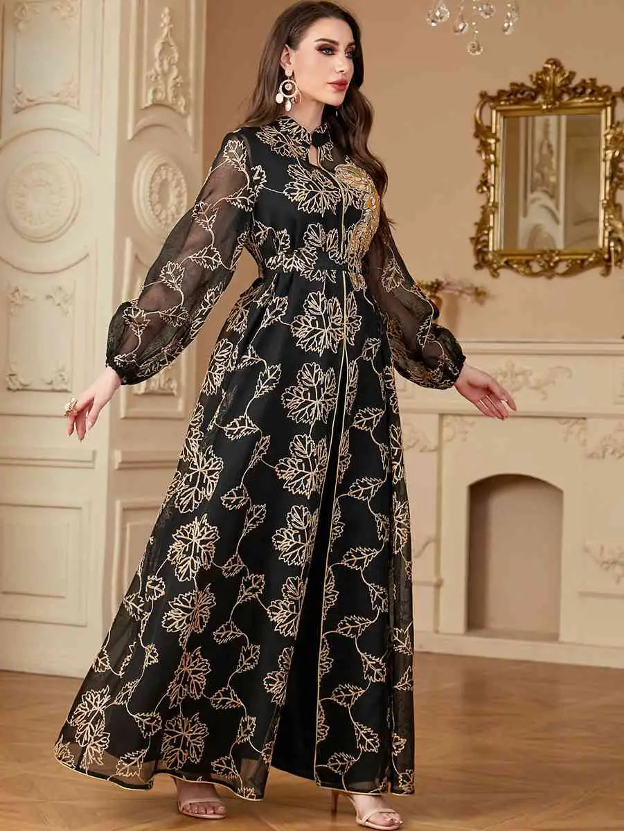 Ensemble 2 pièces de robe brodée Eid Caftan avec robe intérieure sans manches