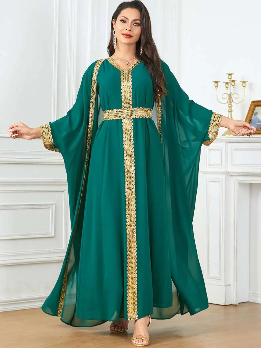 Robe en mousseline de soie 2 pièces pour l'Aïd, caftan, robe caftan avec robe intérieure sans manches