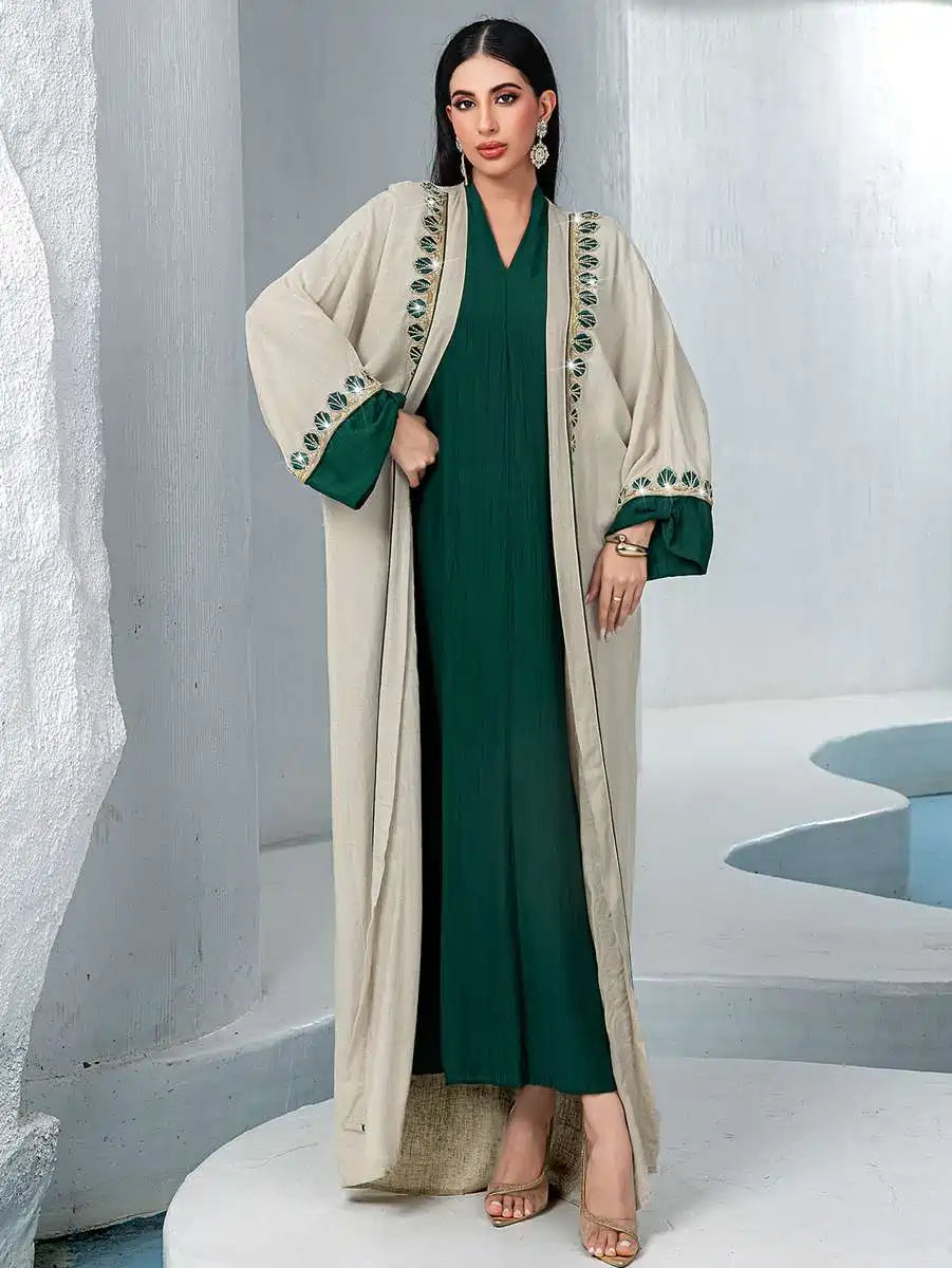 Ensemble 2 pièces pour l'Aïd, caftan avec bordure en dentelle, robe caftan #255233