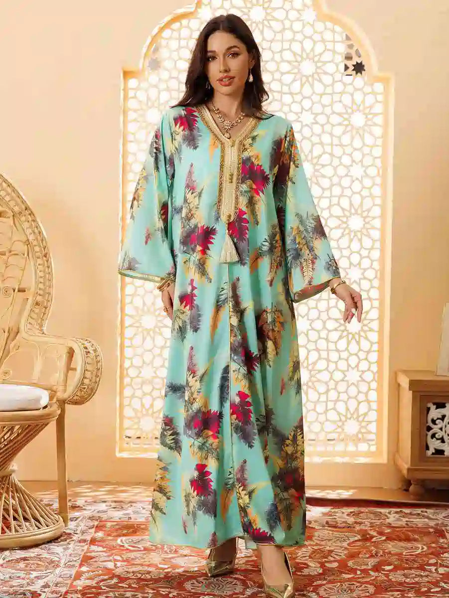 Robe caftan imprimée strass Hotfix Eid #24434