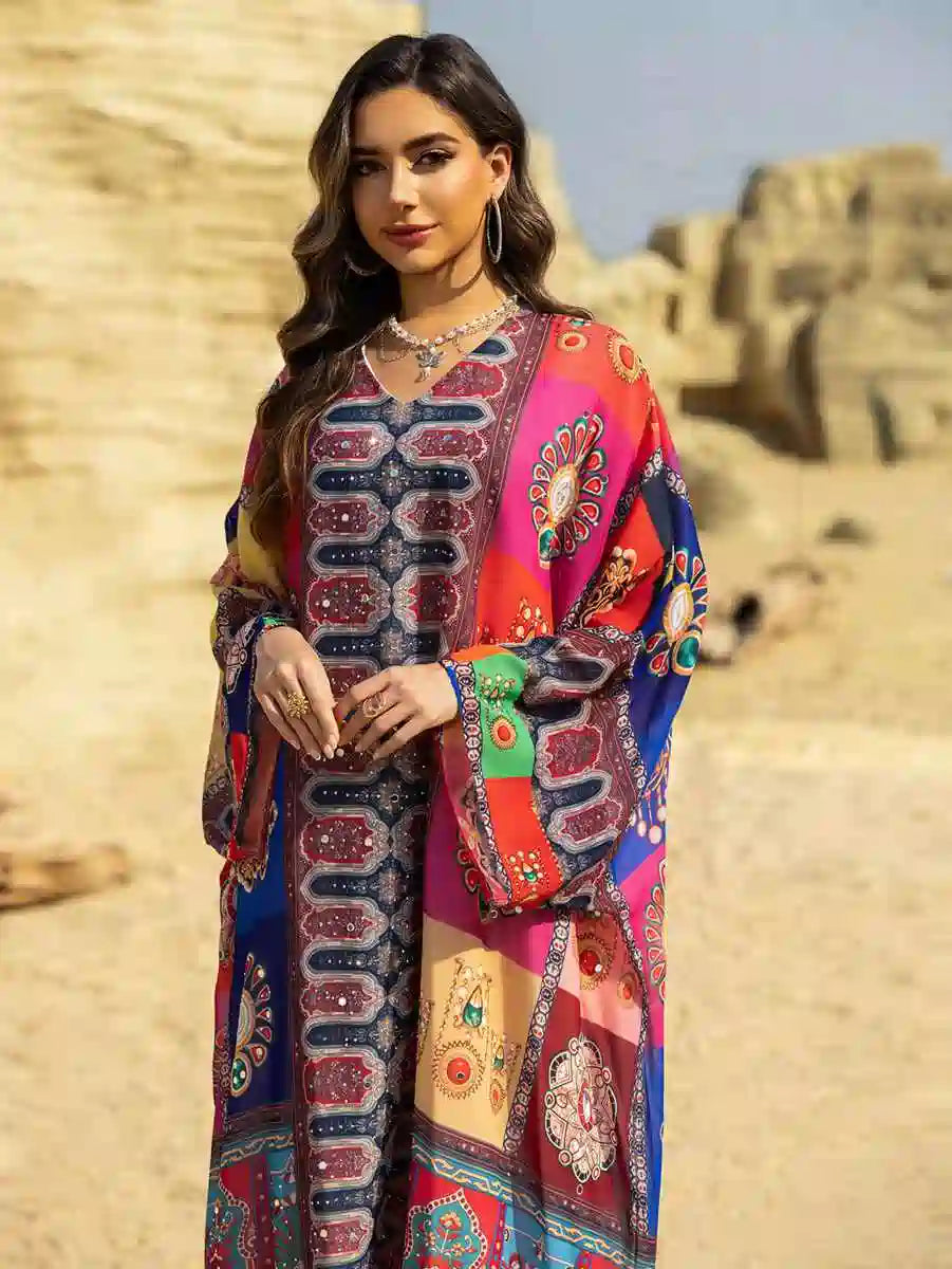 Hotfix Rhinestone Chiffon Printed Caftan Kaftan Dress For Eid And Wedding #25466