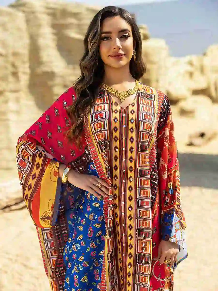 Hotfix Rhinestone Chiffon Printed Caftan Kaftan Dress For Eid And Wedding #25466