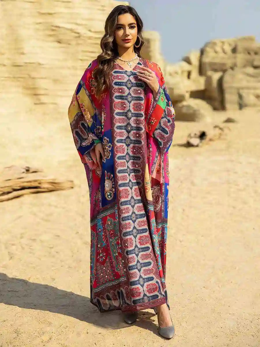 Hotfix Rhinestone Chiffon Printed Caftan Kaftan Dress For Eid And Wedding #25466