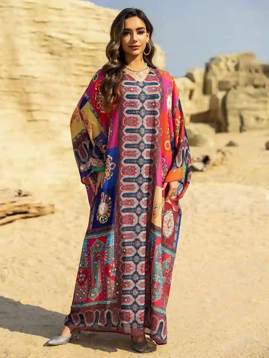 Hotfix Rhinestone Chiffon Printed Caftan Kaftan Dress For Eid And Wedding #25466