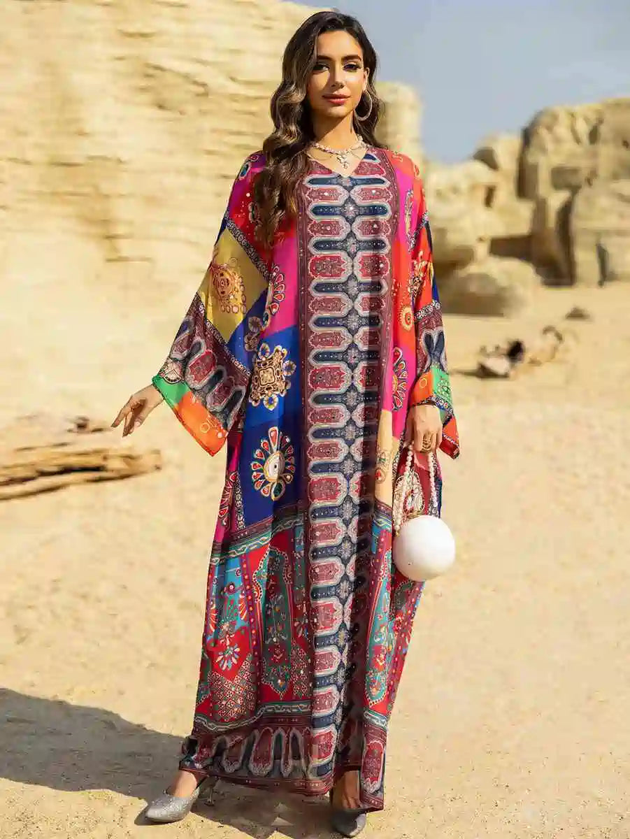 Hotfix Rhinestone Chiffon Printed Caftan Kaftan Dress For Eid And Wedding #25466