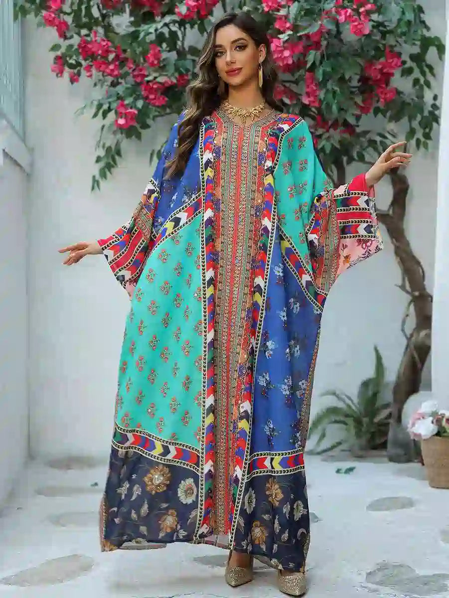 Hotfix Rhinestone Chiffon Printed Caftan Kaftan Dress For Eid And Wedding #25466
