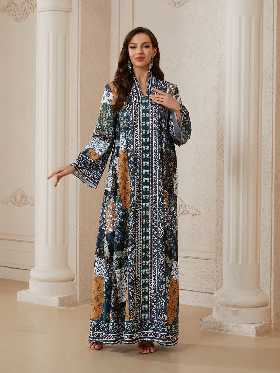Hotfix Rhinestones Printed Caftan Kaftan Dress For Women - Mukhawar Jalabiya Eid Dress - #26SX33